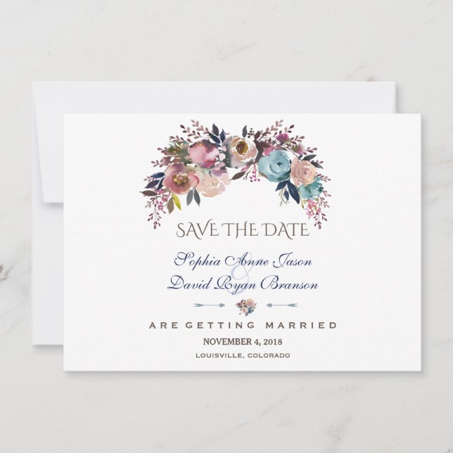 Dusty Blue Misty Rose Bouquet Save the Date (Vorderseite)
