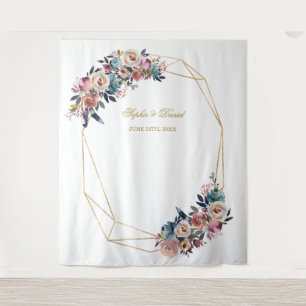 Dusty Blue Misty Rose Floral Gold Foto Booth Prop Wandteppich