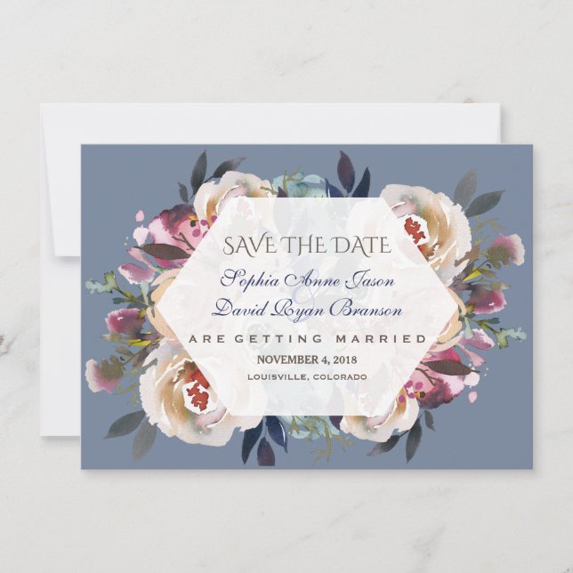 Dusty Blue Misty Rose Floral Save the Date (Vorderseite)