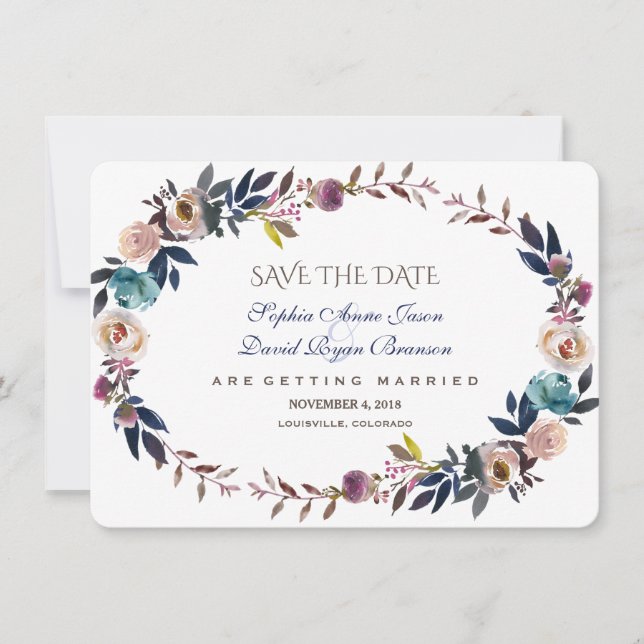 Dusty Blue Misty Rose Wreath Save the Date (Vorderseite)