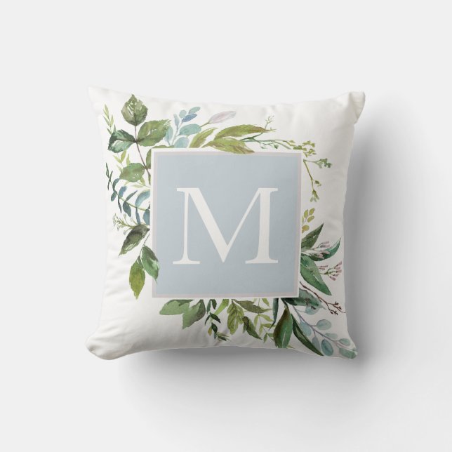 Dusty Blue mit Greenery Monogram Kissen (Vorderseite)