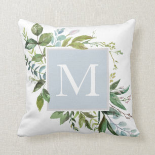 Dusty Blue mit Greenery Monogram Kissen