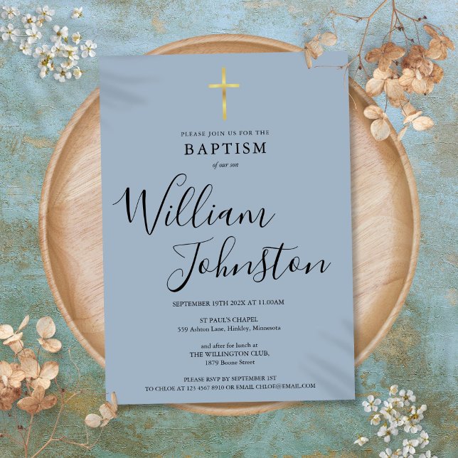 Dusty Blue Modern Baptisse Christening Gold Cross Einladung (Von Creator hochgeladen)