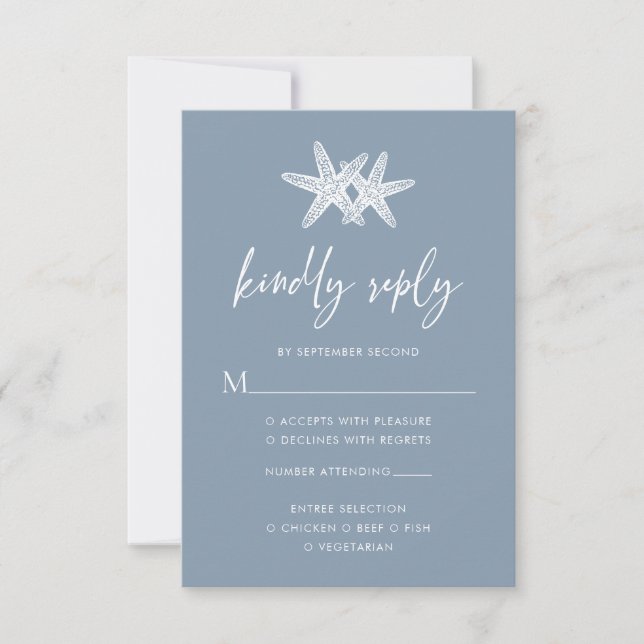 Dusty Blue Modern Beach Starfish Wedding RSVP Karte (Vorderseite)