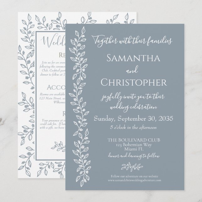 Dusty Blue Modern Boho Botanical Minimal Wedding Einladung (Vorne/Hinten)