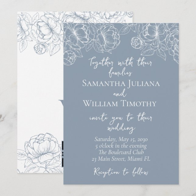 Dusty Blue Modern Boho Classic Minimalistisch Wedd Einladung (Vorne/Hinten)