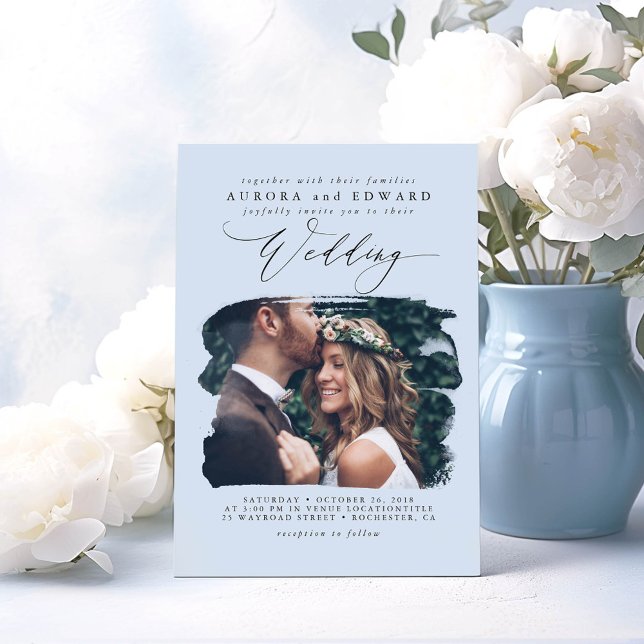 Dusty Blue Modern Boho Wedding Foto Einladung (Elegant Minimalist Wedding Photo Invitations in a Dusty Blue Color)