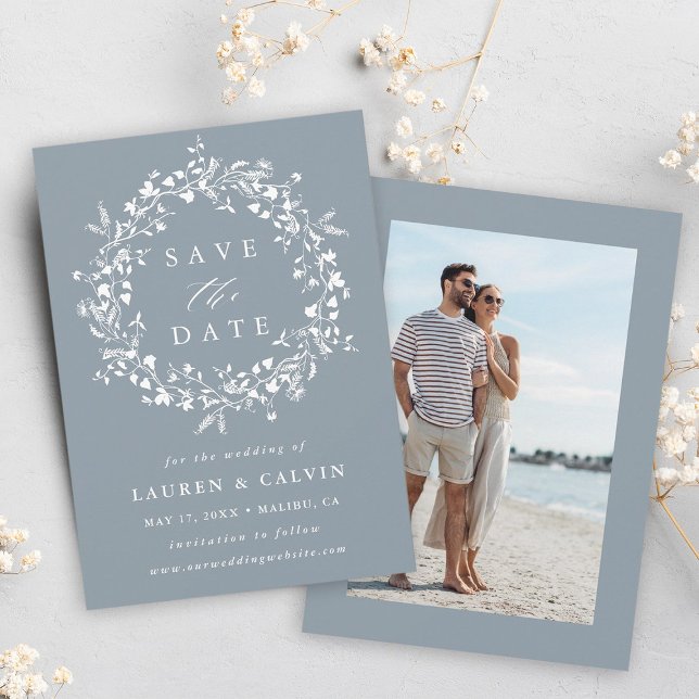 Dusty Blue Modern Boho Wildblume Wedding Foto Save The Date (Front & Back)