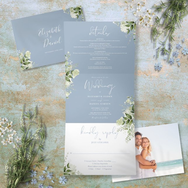 Dusty Blue Modern Botanical Greenerity Foto Hochze Dreifach Gefaltete Einladung (Dusty Blue Modern Botanical Greenery Photo Wedding Tri-Fold Invitation)