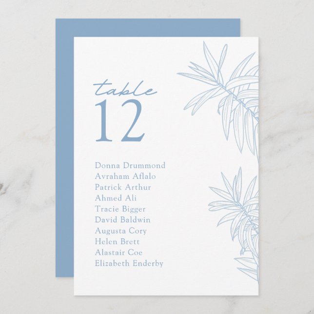 Dusty Blue Modern Botanical Table Sitzkarte (Vorne/Hinten)