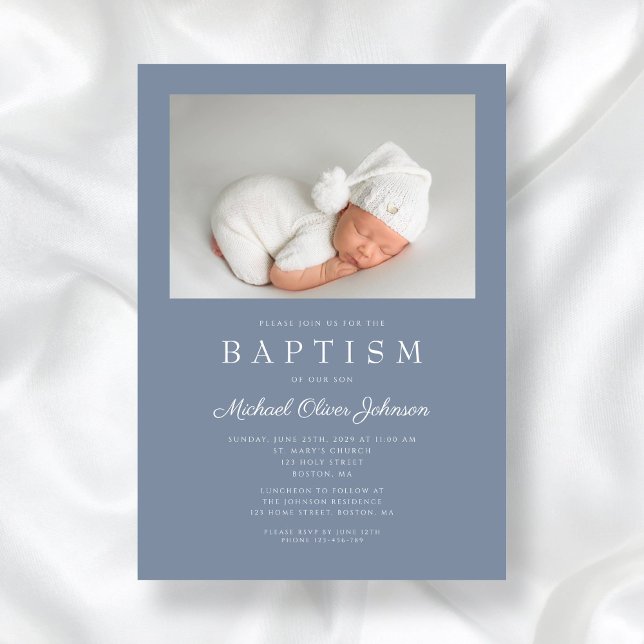 Dusty Blue Modern Boy Foto Taufe Einladung (Dusty Blue Modern Boy Photo Baptism Invitation)