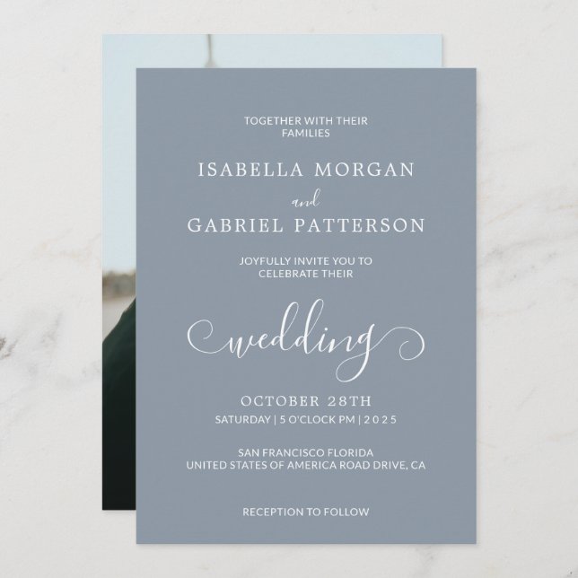 Dusty Blue Modern Calligraphy Script Foto Wedding Einladung (Vorne/Hinten)