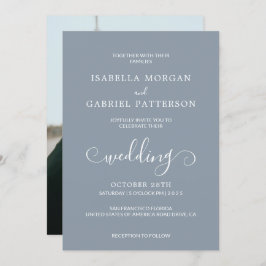 Dusty Blue Modern Calligraphy Script Foto Wedding Einladung