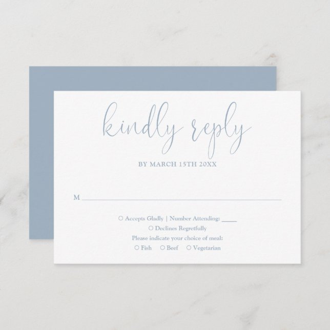 Dusty Blue Modern Chic Elegante Script Wedding RSVP Karte (Vorne/Hinten)