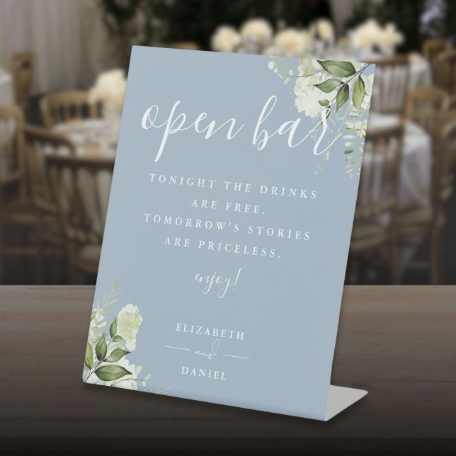 Dusty Blue Modern Elegant Greenery Floral Open Bar Sockelschild (Dusty Blue Modern Elegant Greenery Floral Open Bar Pedestal Sign)
