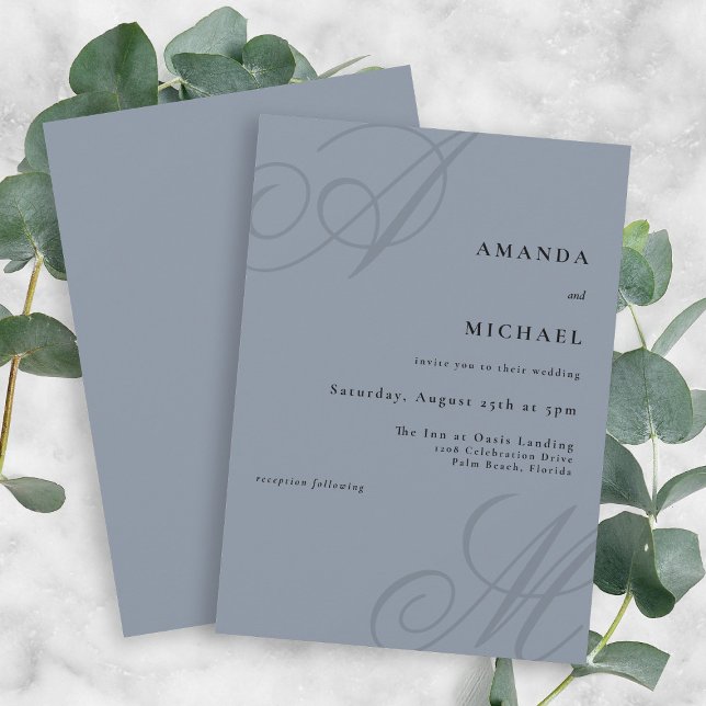 Dusty Blue Modern Elegant Minimal Mongram Wedding Einladung (Dusty blue modern minimalist wedding invitation with the bride and groom's monogram initials.)