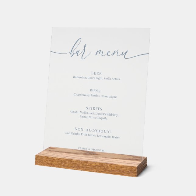 Dusty Blue Modern Elegante Wedding Bar Menu Acrylschild (Winkel)