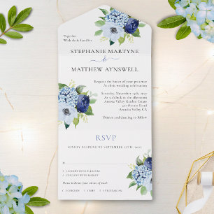 Dusty Blue Modern Floral Botanical Wedding All In One Einladung