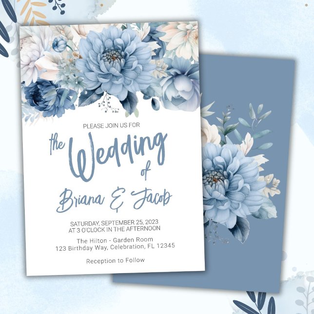 Dusty Blue Modern Floral Wedding Einladung (Von Creator hochgeladen)