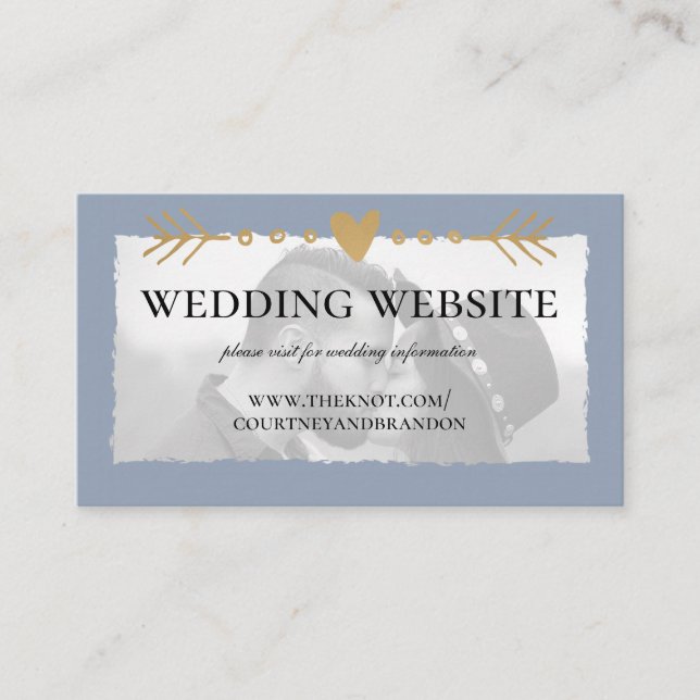 Dusty Blue Modern Foto Gold Heart Wedding Website Begleitkarte (Vorderseite)