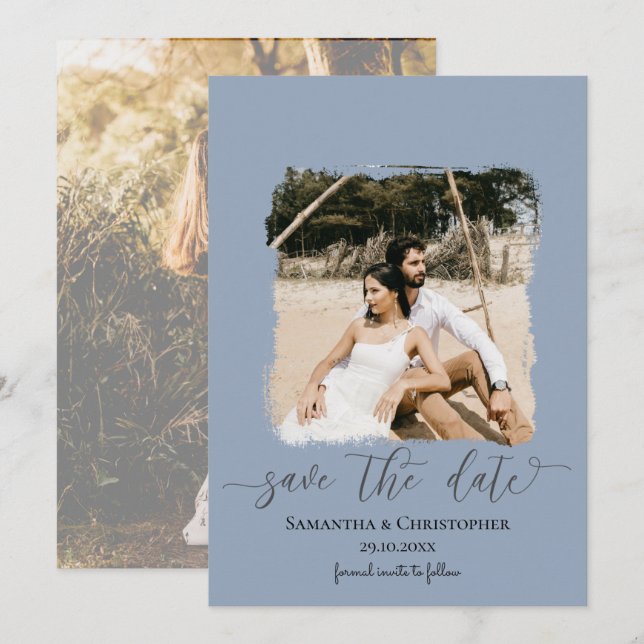 Dusty Blue Modern Foto Save the Date (Vorne/Hinten)