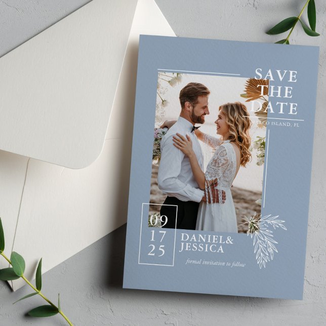 Dusty Blue Modern Foto Wedding Save the Date (Von Creator hochgeladen)