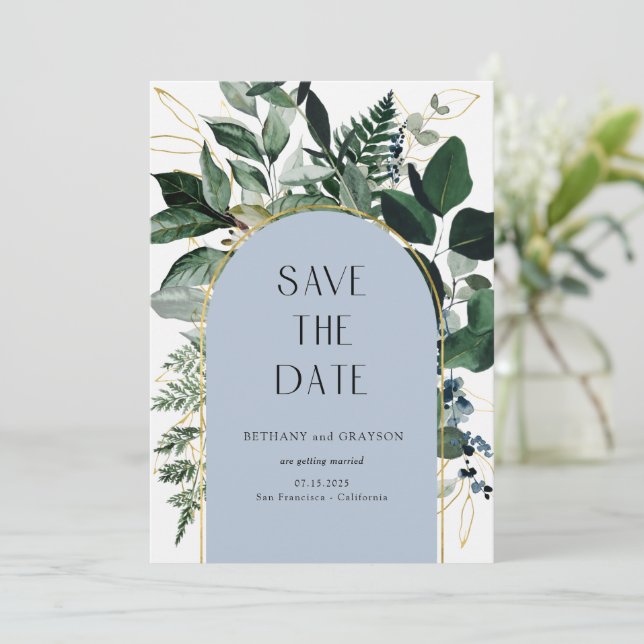 Dusty Blue, Modern Greenery botanische Blätter QR  Save The Date (Stehend Vorderseite)