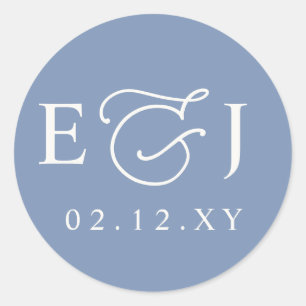 Dusty Blue Modern Initials Monogram Wedding Runder Aufkleber