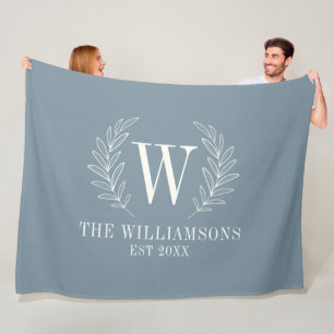 Dusty Blue Modern Laurel Leaf Monogram Fleecedecke