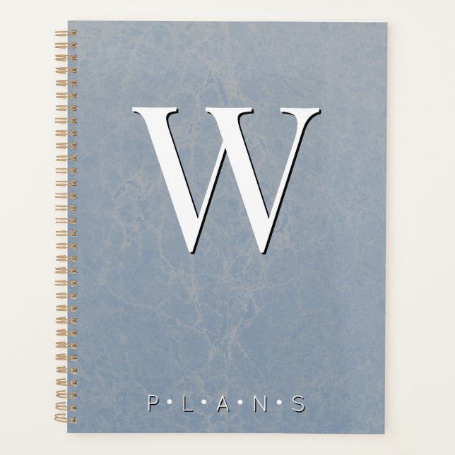 Dusty Blue Modern Marble Monogram Planer (Vorderseite)