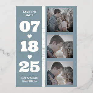 Dusty Blue Modern Minimalistisch Bold Date Drei Fo Folien Feiertagspostkarte