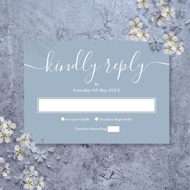 Dusty Blue Modern Minimalistisch Elegantes Script RSVP Karte (Dusty Blue Modern Minimalist Elegant Script RSVP Card)