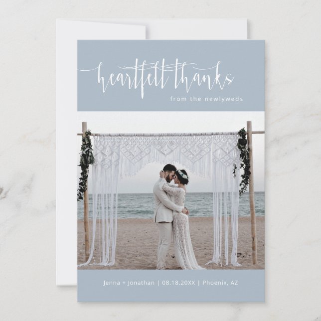 Dusty Blue Modern Minimalistisch Wedding Foto Flat Dankeskarte (Vorderseite)