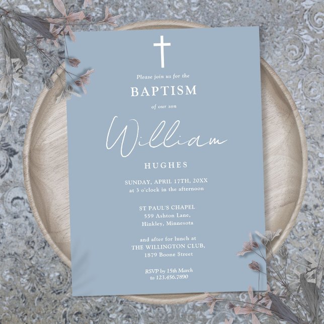 Dusty Blue Modern Minimalistische Taufe Christenin Einladung (Dusty Blue Modern Minimalist Baptism Christening Invitation)