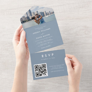 Dusty Blue Modern Minimalistisches Foto QR Code We All In One Einladung