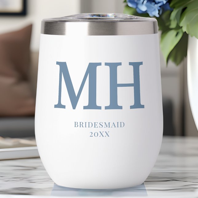 Dusty Blue Modern Monogram Bachelorette Bridesmaid (Dusty Blue Modern Monogram Bachelorette Bridesmaid Thermal Wine Tumbler)