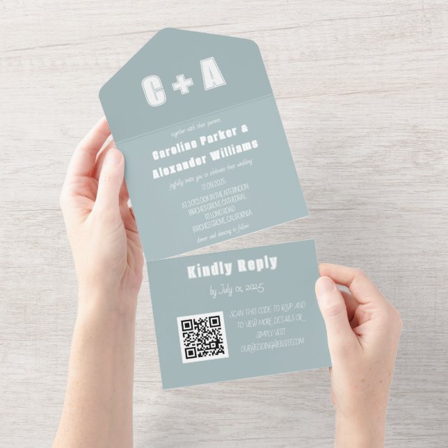 Dusty Blue Modern QR Code Bold Elegant All In One Einladung (Abreißen)