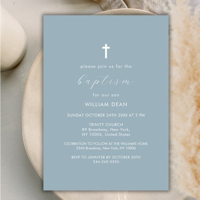 Dusty Blue Modern Script Boho Gold Cross Taufe Einladung (Dusty Blue Modern Script Boho Gold Cross Baptism Invitation)