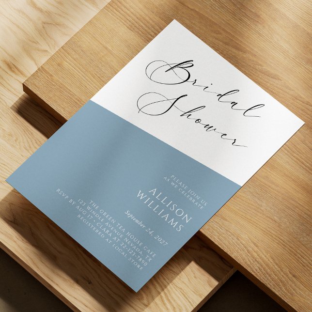 Dusty Blue Modern Script Bridal Dusche Einladung (Dusty Blue Modern Script Bridal Shower Invitation Personalized)
