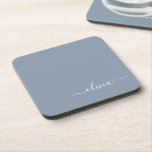 Dusty Blue Modern Script Elegante Monogram Name Getränkeuntersetzer<br><div class="desc">Dusty Blue Simple Script Monogram Name Paper Coasters. This makes the perfect Graduation,  birthday,  wedding,  bridal shower,  anniversary,  baby shower or bachelorette party gift for someone that loves glam luxury and chic styles.</div>