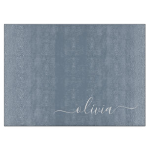 Dusty Blue Modern Script Elegante Monogram Name Schneidebrett