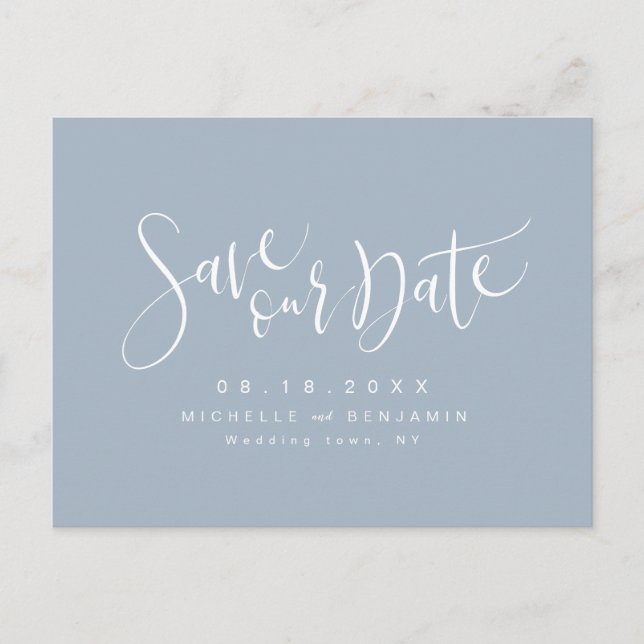 Dusty Blue Modern Simple Script Save the Date Ankündigungspostkarte (Vorderseite)