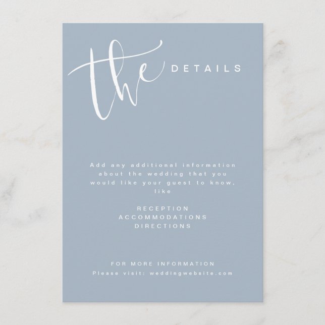 Dusty Blue Modern Simple Script Wedding Details Begleitkarte (Vorderseite)