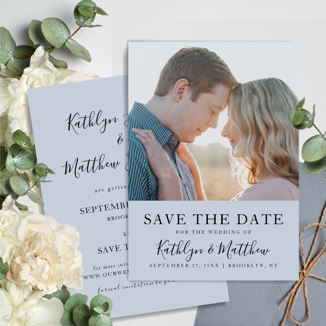 Dusty Blue Modern Typografy Simple Foto Wedding Save The Date (Von Creator hochgeladen)