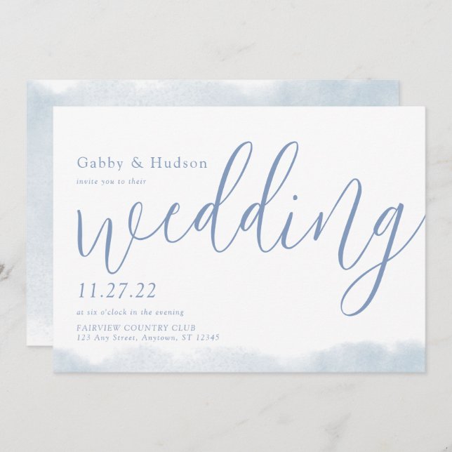 Dusty Blue Modern Watercolor Typografy Wedding Einladung (Vorne/Hinten)
