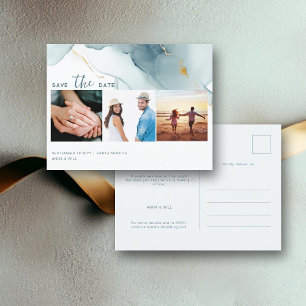 Dusty Blue Modern Wedding 3 Fotos Save the Date Postkarte