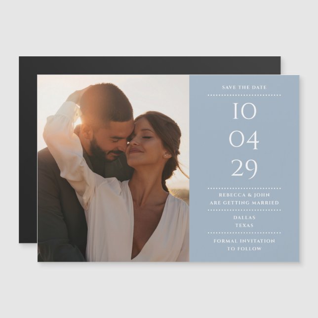 Dusty Blue Modern Wedding Foto Save the Date Magneteinladung (Vorne/Hinten)