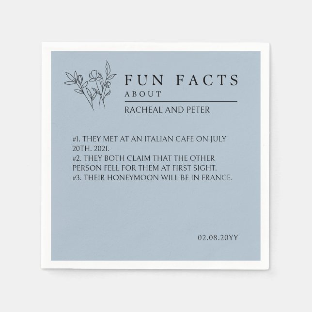 Dusty Blue Modern Wild Blume Fun Facts Wedding Serviette (Vorderseite)
