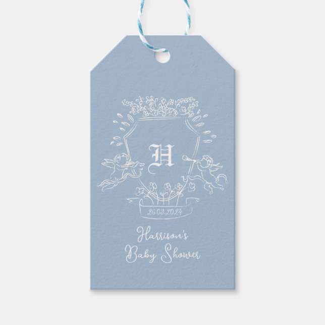 Dusty Blue Monogram Baby Dusche Geschenkanhänger (Vorderseite)