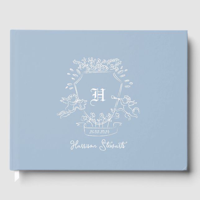 Dusty Blue Monogram Baby Showbook Gästebuch (Vorderseite)